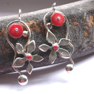 Silver Coral Earrings, Dangle Earrings, Red Stone Earrings, Handmade Earrings, Statement Earrings, Bohemian Jewelry, Gift for Mom image 1