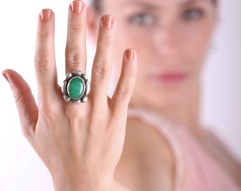 Anillo de plata esterlina con ágata verde: piedra preciosa ovalada hecha a mano, tamaño 6 de EE. UU.