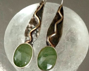 Green Dangle Earrings, Prehnite Silver Gold, Handmade Earrings, Statement Jewelry, 925 Solid Silver, 14K Solid Gold, Artisan Earrings