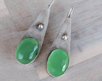 Green Earrings, Silver Gold Earrings, Sterling Gold Dangles, Teardrop Earrings, Green Stone Jewelry, Drop Stone Earrings, Holiday Gift