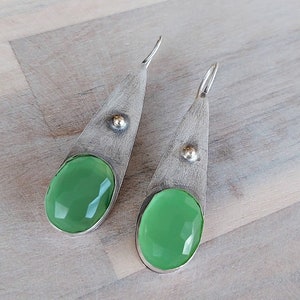 Green Earrings, Silver Gold Earrings, Sterling Gold Dangles, Teardrop Earrings, Green Stone Jewelry, Drop Stone Earrings, Holiday Gift image 1