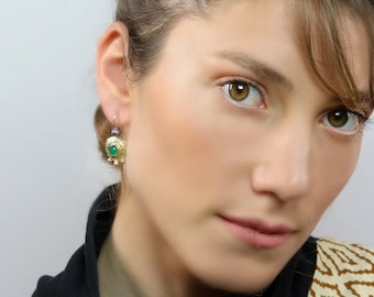 Green Onyx Grey Pearl Earrings, Handmade 18K Gold Vermeil Dangles Antique Style