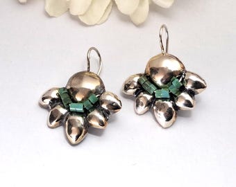 Handmade Sterling  Silver Turquoise Flower Earrings: Repoussé Floral Boho Jewelry