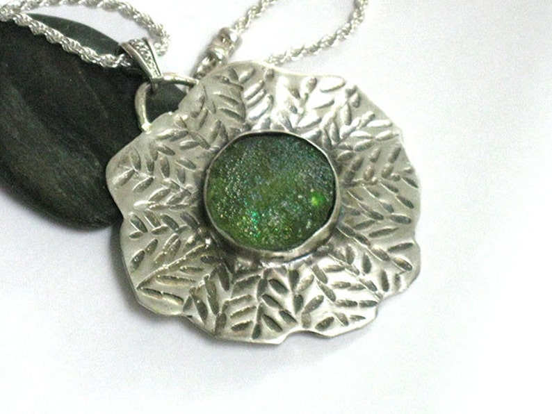 Pendant Necklace Silver Chain Sterling Necklace Glass pendant,Hammered Necklace Gifts for Women Ancient Glass Necklace Textured Silver