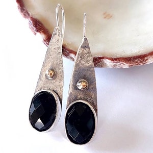 Black Drop Earrings, Natural Onyx Dangles, Solid 925 Silver, Silver Gold Stone, Handmade Statement, Elegant Earrings, Gemstone Earrings