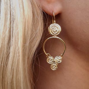 Handmade Gold Spiral Earrings | Bohemian Statement Dangle Hoops | Ancient Style Jewelry | Artistic Tribal Gold Earrings for Women