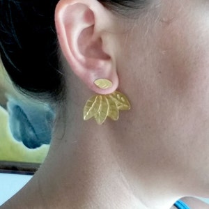 Ear Jacket Earrings, Ear Jackets Gold, Gold Jacket Earrings, Ear Cuff Jacket, Ear Pins, Two in One Ear Jackets, Leaf Ear Climbers, For Her image 3