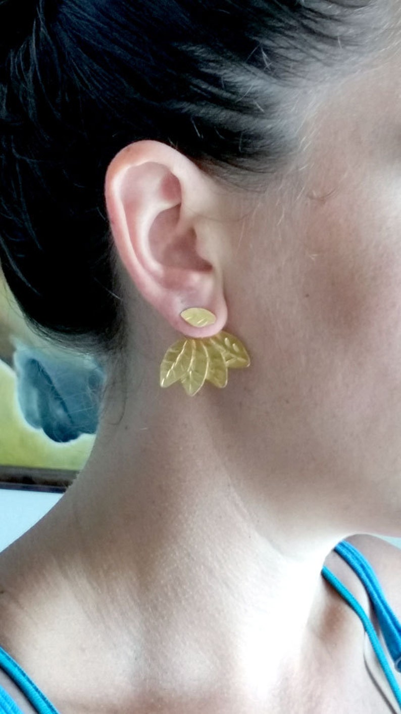 Ear Jacket Earrings, Ear Jackets Gold, Gold Jacket Earrings, Ear Cuff Jacket, Ear Pins, Two in One Ear Jackets, Leaf Ear Climbers, For Her image 3