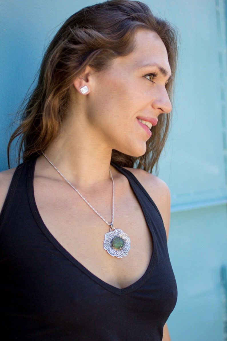 Pendant Necklace Silver Chain Sterling Necklace Glass pendant,Hammered Necklace Gifts for Women Ancient Glass Necklace Textured Silver