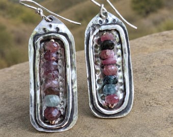 Faceted Tourmaline Bead Earrings, Oxidized Sterling Silver Dangles, Colorful Artisan Jewelry