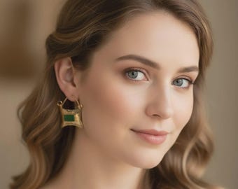 Green Sea Glass Hoop Earrings, Two Sided Hammered 14K Gold Plated Artisan Jewelry