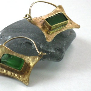 Green Glass Earrings, Gold Sea Glass Hoops, Rustic Handmade, Sea Glass Jewelry, Artisan Earrings, Gift for Her image 1