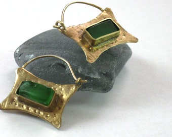 Green Glass Earrings, Gold Sea Glass Hoops, Rustic Handmade, Sea Glass Jewelry, Artisan Earrings, Gift for Her