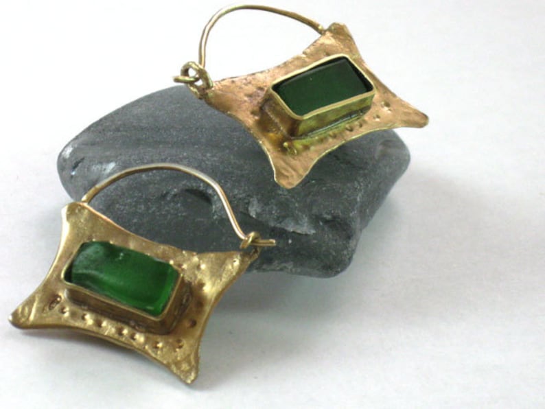 Green Glass Earrings, Gold Sea Glass Hoops, Rustic Handmade, Sea Glass Jewelry, Artisan Earrings, Gift for Her image 1