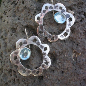 Large Boho Sterling Silver Flower Earrings with Stone