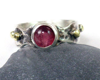 Tourmaline silver gold, Handmade Ring, Pink Stone Jewelry, Ethical Stone Metals, Solid Sterling, Statement Ring, Wearable Art Ring