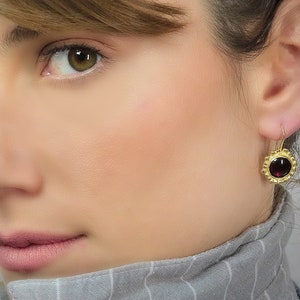 Gold Garnet Earrings, Antique Inspired, 18K Solid Gold, Everyday Earrings, Gold Garnet Drops, Red Stone Earrings, Statement Jewelry