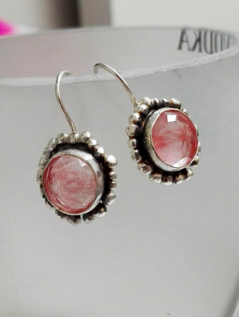 Cherry Quartz Earrings Silver Pink Drops Round Rosecut Etsy