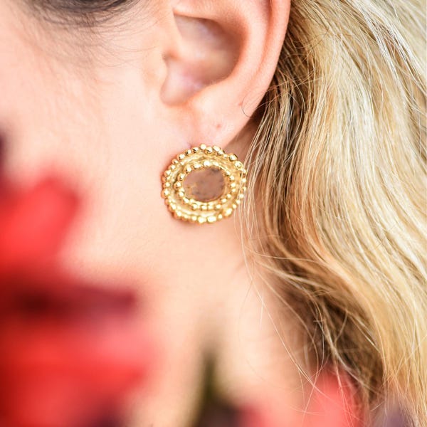 Handcrafted Gold Plated Sterling Silver Stud Earrings: Granulated Circle Design