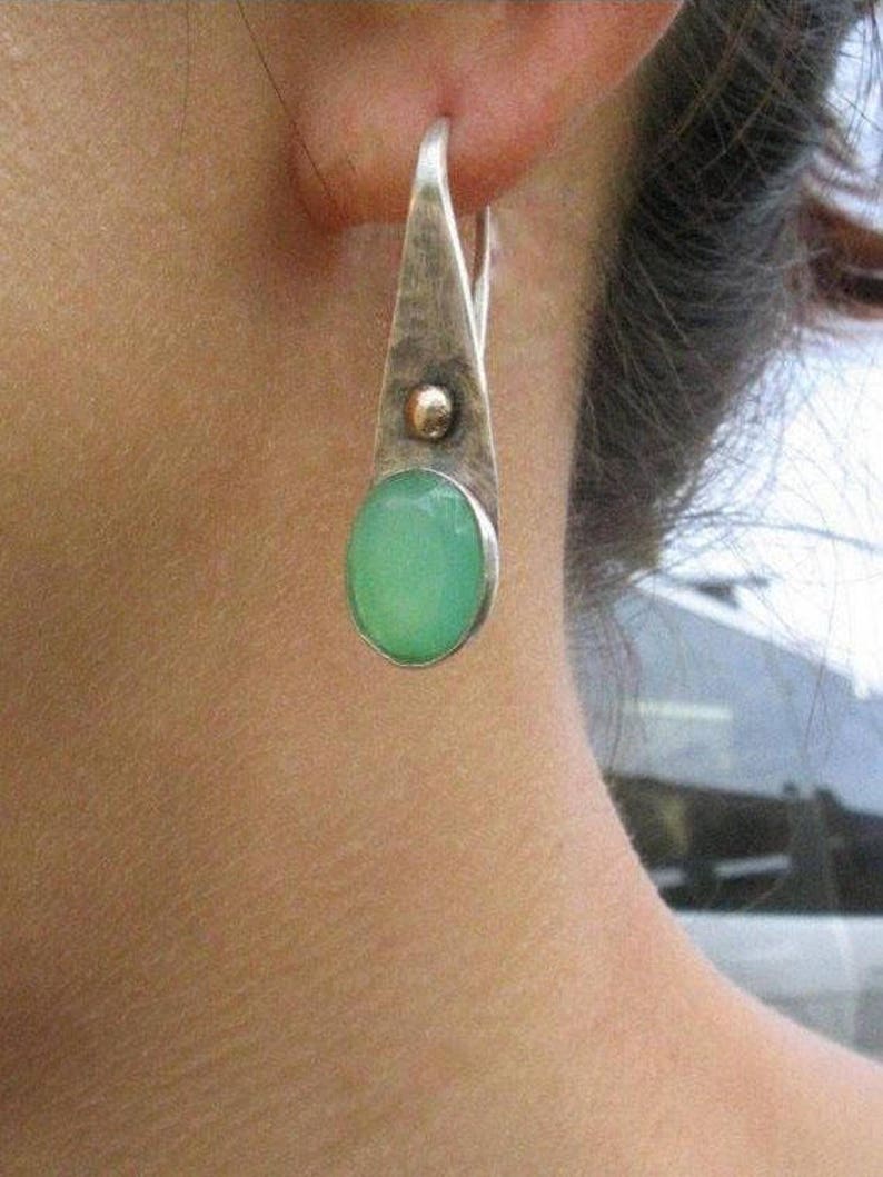 Green Earrings, Silver Gold Earrings, Sterling Gold Dangles, Teardrop Earrings, Green Stone Jewelry, Drop Stone Earrings, Holiday Gift image 8