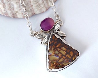 Australian Koroit Opal Necklace, Purple Chalcedony, Sterling Silver Botanical Statement Jewelry