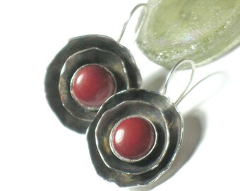 Silver Coral Earrings, Large Dangle Earrings, Round Dangles, Handmade Earrings, 925 solid Silver, Red Stone Earrings, Boho Hammered