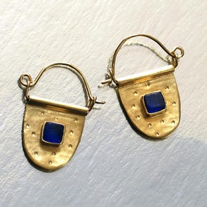 Hammered Gold Plated Silver Hoop Earrings with Blue Seaglass