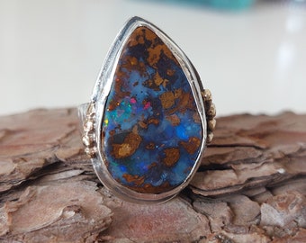 Large Opal Ring, Unique Statement Ring, Size 7 Ring, Sterling Opal Ring, 14K solid Gold Ring, Artisan Opal Jewelry, Wide Band Ring,