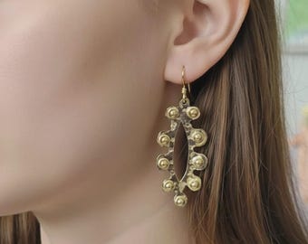 Long Gold Plated Tribal Earrings, Hammered Boho Dangles, Handmade Statement Jewelry for Women