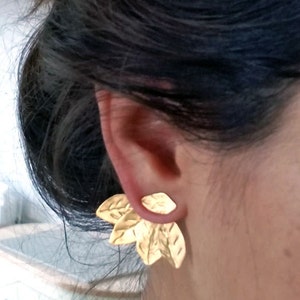 Ear Jacket Earrings, Ear Jackets Gold, Gold Jacket Earrings, Ear Cuff Jacket, Ear Pins, Two in One Ear Jackets, Leaf Ear Climbers, For Her image 2