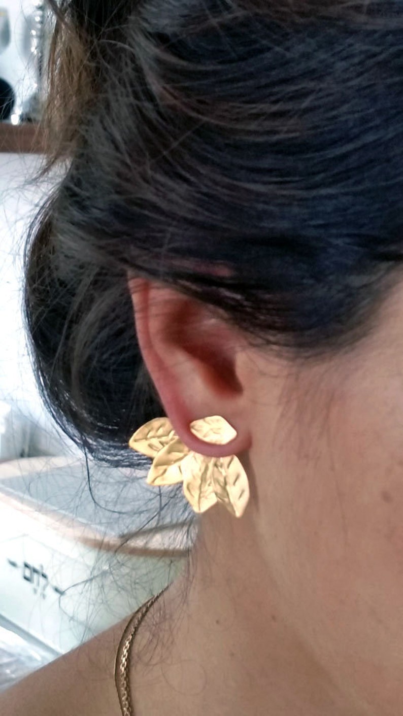 Ear Jacket Earrings, Ear Jackets Gold, Gold Jacket Earrings, Ear Cuff Jacket, Ear Pins, Two in One Ear Jackets, Leaf Ear Climbers, For Her image 2