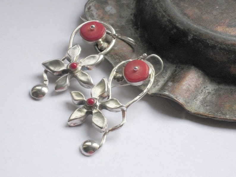 Silver Coral Earrings, Dangle Earrings, Red Stone Earrings, Handmade Earrings, Statement Earrings, Bohemian Jewelry, Gift for Mom image 8