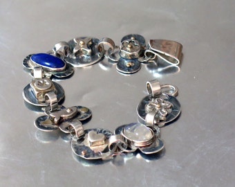 Multi Charm Bracelet, Sterling Gold Stones, Solid 925 Silver, 9k Gold, Statement Bracelet, Handmade Charms, Unique Boho Bracelet