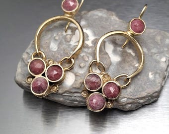 Rhodonite Dangle Earrings, 18K Gold Plated Artisan Hoops with Pink Gemstones