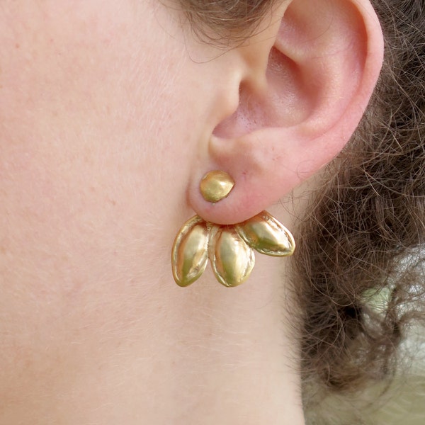 Yellow Gold Earrings, Vermeil Earrings, 18K Gold, Hammered Gold, Front Earrings, Handmade Jewelry, Leaf Earrings Gold, Ear Stud Jackets