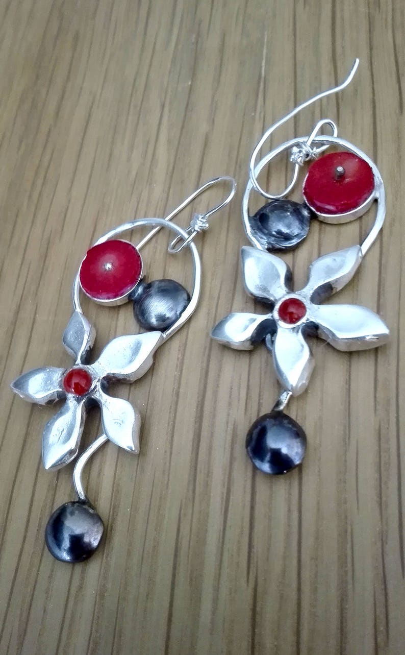 Silver Coral Earrings, Dangle Earrings, Red Stone Earrings, Handmade Earrings, Statement Earrings, Bohemian Jewelry, Gift for Mom image 5