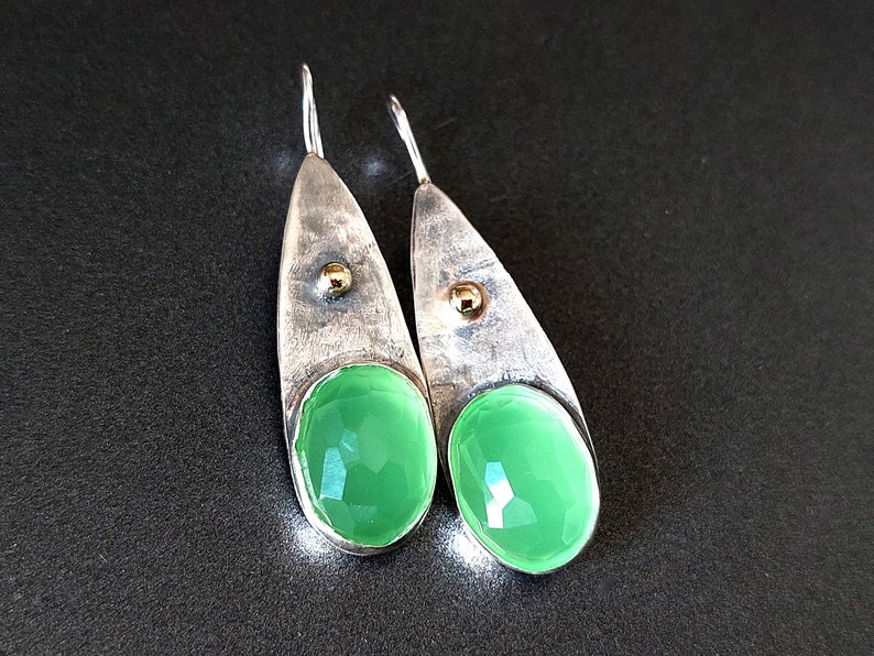 Green Earrings, Silver Gold Earrings, Sterling Gold Dangles, Teardrop Earrings, Green Stone Jewelry, Drop Stone Earrings, Holiday Gift image 6