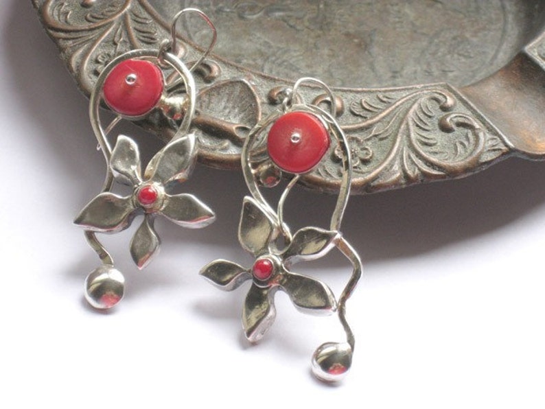 Silver Coral Earrings, Dangle Earrings, Red Stone Earrings, Handmade Earrings, Statement Earrings, Bohemian Jewelry, Gift for Mom image 7