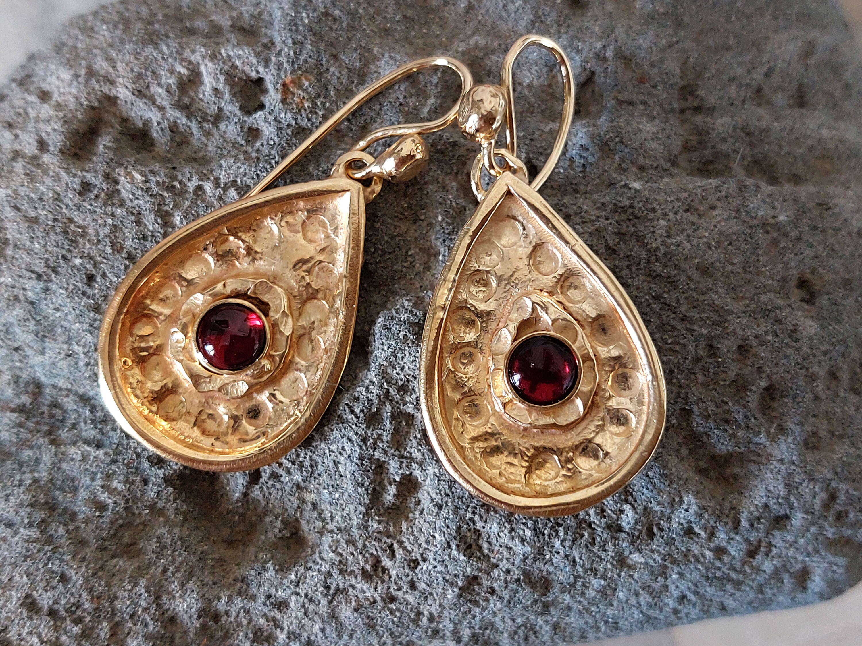 Handmade Garnet Dangle Earrings: 18K Gold Filled Textured Pear