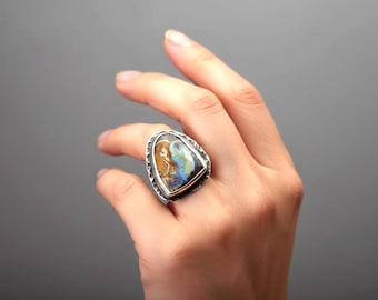 Koroit Opal Sterling Silber Ring: Artisan Statement Schmuck, Größe 7,75