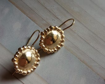 Gold Vermeil Dangle Earrings: Handmade Granulated Dome Earrings