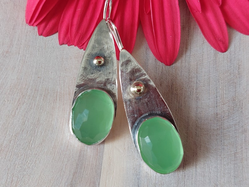 Green Earrings, Silver Gold Earrings, Sterling Gold Dangles, Teardrop Earrings, Green Stone Jewelry, Drop Stone Earrings, Holiday Gift image 5