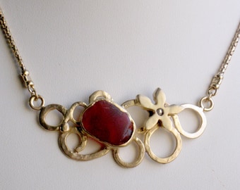 Red Glass Necklace,Gold and Glass,Artisan Pendant,Sterling Silver,18k Goldplated,Glass Flower Necklace,Necklace Trends,Gift for Her