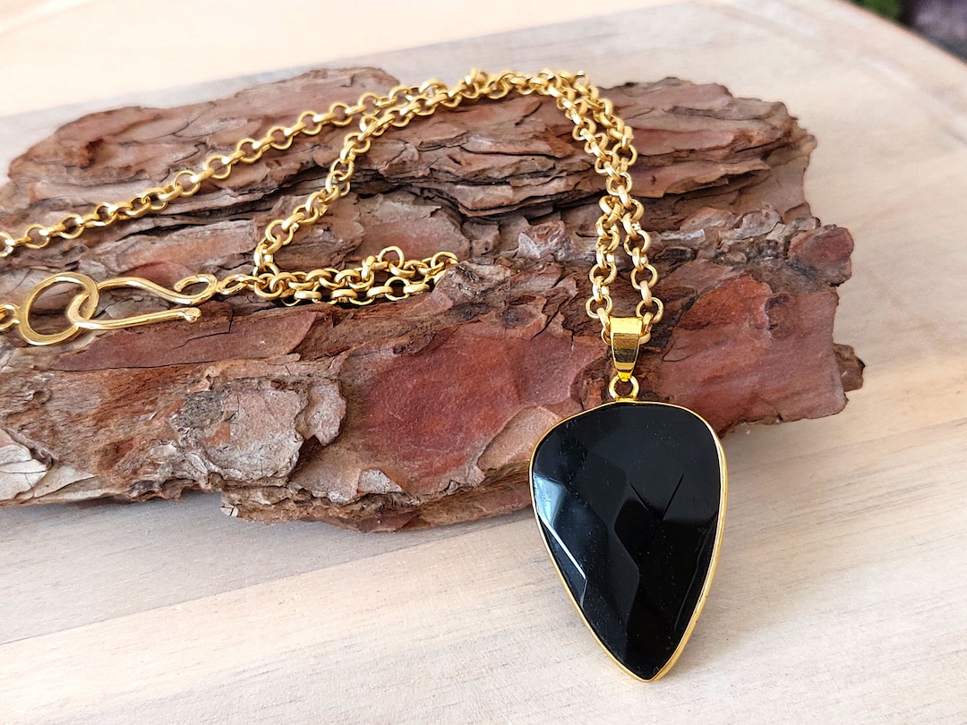 Black Onyx Necklace, Black Stone Jewelry, Pear Pendant Necklace, 18K