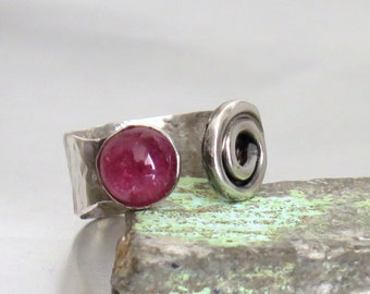 Silver Tourmaline Ring, Open Silver Ring, Adjustable Ring, Sterling Silver, Hand Made Ring, Gemstone Ring, Bezel Set Stone, Pink Stone Ring