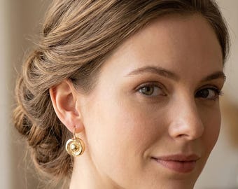 18K Gold Plated Hammered Disc Dangle Earrings • Minimalist Boho Textured Drops