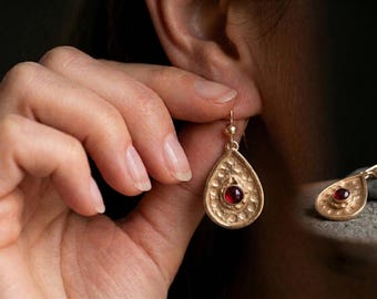 Burgundy Garnet Dangle Earrings, Thick 18K Gold Plated January Birthstone Gift for Her