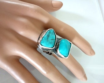 Turquoise Sterling Ring, Two Stone Ring, Chunky Ring, Solid Silver Ring, Handmade Turquoise, Bohemian Design, Boho Turquoise, Statement Ring