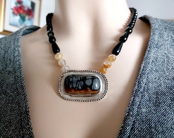 Picasso Jasper Pendant Necklace, Jasper Onyx Necklace, Sterling Silver, Handmade Sterling, Statement Necklace, Beaded Necklace, Unusual Gift