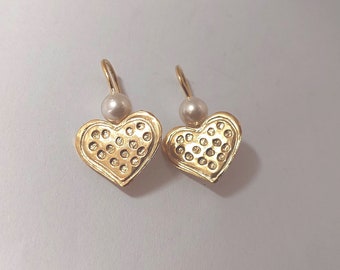 Gold Heart Earrings, Small Dangles, Textured Gold, Gold Drops, Gold and Pearl, Handmade Earrings, Hammered  Gold, Gift Ideas, Gift for Her